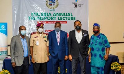 L-R: Managing Editor of Transport Day newspaper, Mr. Frank Kintum; Corps Marshal of Federal Road Safety Corps, Dr. Boboye Oyeyemi; Chairman of Governing Council, Nigerian Institute of Transport Technology, Olorogun John Onojeharho; National President of Association of Nigeria Licenced Customs Agents, Hon Tony Nwabunike; and the Lagos State Coordinator of SMEDAN, Mr. Adeyinka Fisher at the 8th Nigeria Annual Transport Lecture held at Sheraton Hotel, Ikeja, Lagos- Friday, May 21, 2021