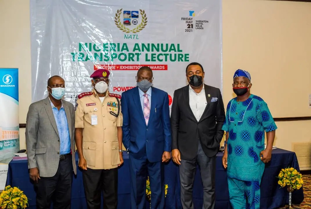 L-R: Managing Editor of Transport Day newspaper, Mr. Frank Kintum; Corps Marshal of Federal Road Safety Corps, Dr. Boboye Oyeyemi; Chairman of Governing Council, Nigerian Institute of Transport Technology, Olorogun John Onojeharho; National President of Association of Nigeria Licenced Customs Agents, Hon Tony Nwabunike; and the Lagos State Coordinator of SMEDAN, Mr. Adeyinka Fisher at the 8th Nigeria Annual Transport Lecture held at Sheraton Hotel, Ikeja, Lagos- Friday, May 21, 2021