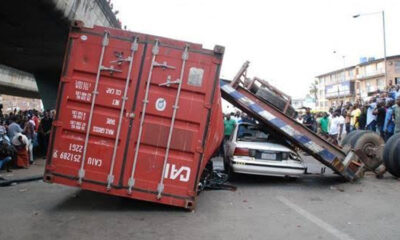 Ojuelegba Bridge Gridlock as Container Truck Overturns in Surulere