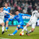 Real Madrid's Franco Mastantuono, center, vies for the ball with Albacete's Antonio Pacheco, second right, during the Copa del Rey round of 16 soccer match between Albacete and Real Madrid, in Albacete, Spain, Wednesday, Jan. 14, 2026. (AP Photo/Jose Breton)