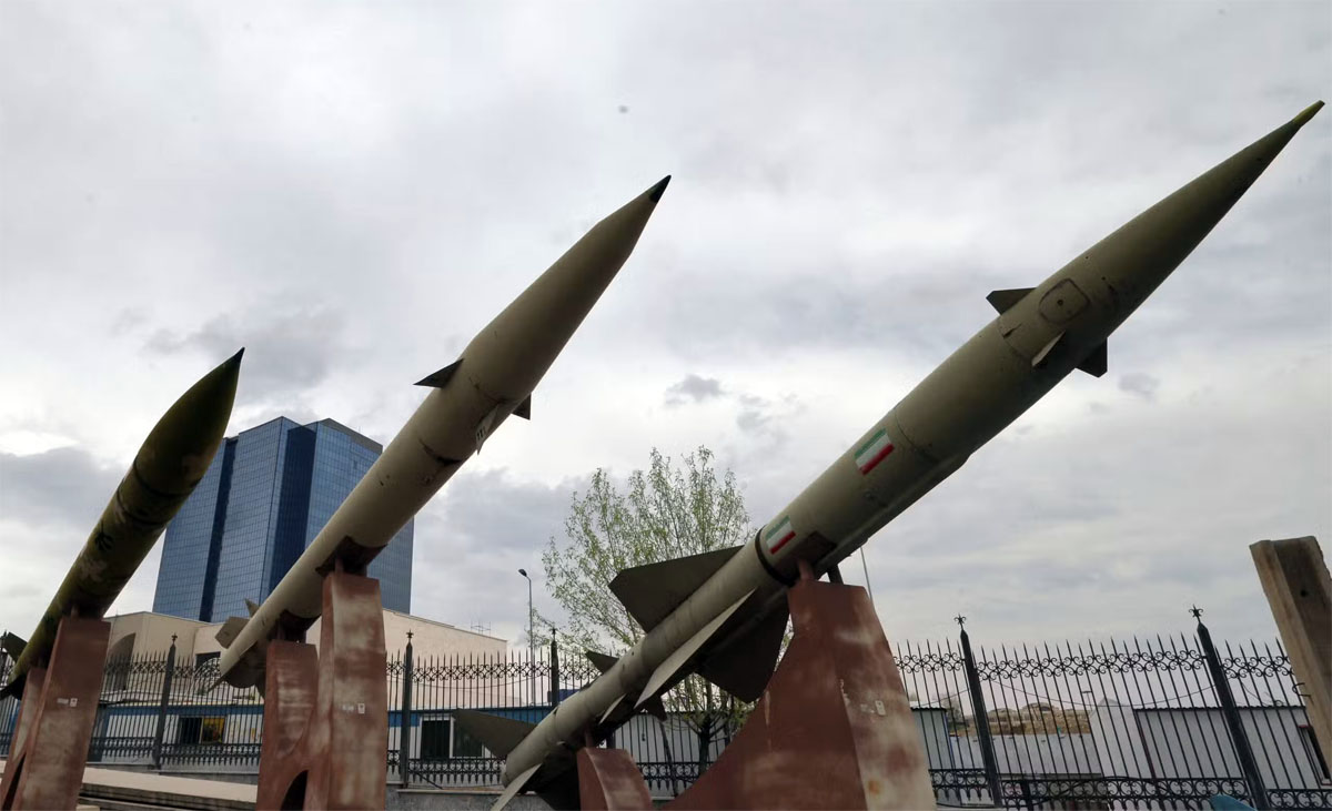 Mockups of domestically-made Iranian missiles are displayed at an exhibition outside the Defence Museum in Tehran on March 31, 2026. FILE PHOTO/Agence France-Presse