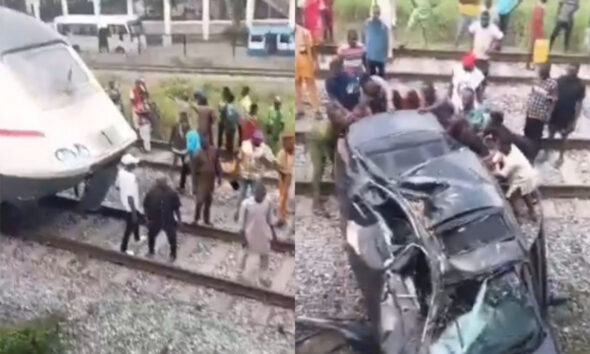 Lagos Train Crash: Panic as Train Smashes Honda Car at PWD Crossing, Many Feared Dead